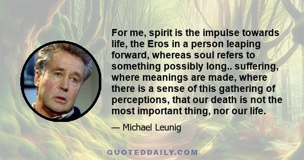 For me, spirit is the impulse towards life, the Eros in a person leaping forward, whereas soul refers to something possibly long.. suffering, where meanings are made, where there is a sense of this gathering of