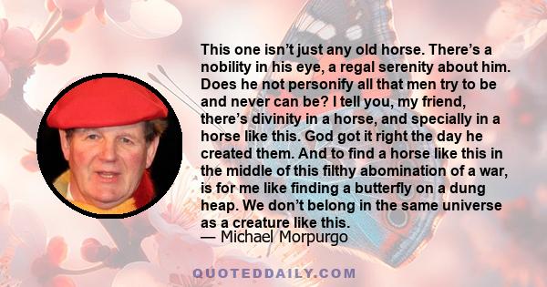 This one isn’t just any old horse. There’s a nobility in his eye, a regal serenity about him. Does he not personify all that men try to be and never can be? I tell you, my friend, there’s divinity in a horse, and