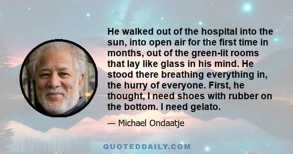 He walked out of the hospital into the sun, into open air for the first time in months, out of the green-lit rooms that lay like glass in his mind. He stood there breathing everything in, the hurry of everyone. First,