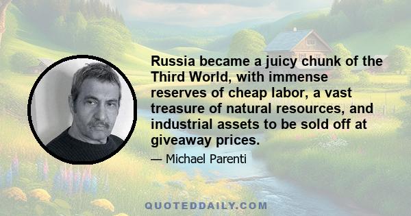 Russia became a juicy chunk of the Third World, with immense reserves of cheap labor, a vast treasure of natural resources, and industrial assets to be sold off at giveaway prices.