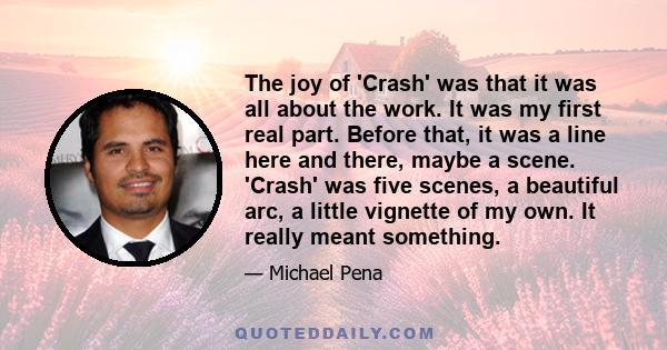 The joy of 'Crash' was that it was all about the work. It was my first real part. Before that, it was a line here and there, maybe a scene. 'Crash' was five scenes, a beautiful arc, a little vignette of my own. It