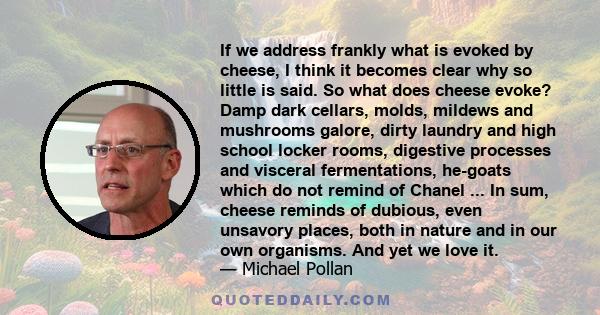 If we address frankly what is evoked by cheese, I think it becomes clear why so little is said. So what does cheese evoke? Damp dark cellars, molds, mildews and mushrooms galore, dirty laundry and high school locker