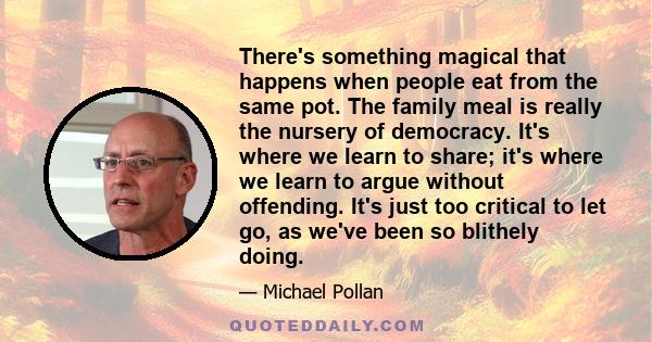 There's something magical that happens when people eat from the same pot. The family meal is really the nursery of democracy. It's where we learn to share; it's where we learn to argue without offending. It's just too