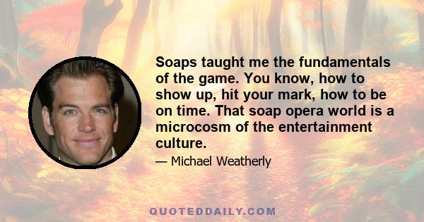 Soaps taught me the fundamentals of the game. You know, how to show up, hit your mark, how to be on time. That soap opera world is a microcosm of the entertainment culture.