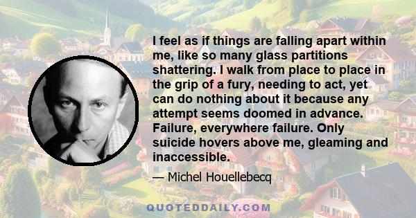 I feel as if things are falling apart within me, like so many glass partitions shattering. I walk from place to place in the grip of a fury, needing to act, yet can do nothing about it because any attempt seems doomed