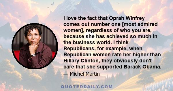 I love the fact that Oprah Winfrey comes out number one [most admired women], regardless of who you are, because she has achieved so much in the business world. I think Republicans, for example, when Republican women