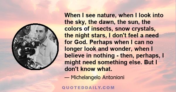 When I see nature, when I look into the sky, the dawn, the sun, the colors of insects, snow crystals, the night stars, I don't feel a need for God. Perhaps when I can no longer look and wonder, when I believe in nothing 