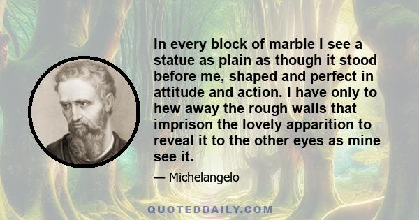 In every block of marble I see a statue as plain as though it stood before me, shaped and perfect in attitude and action. I have only to hew away the rough walls that imprison the lovely apparition to reveal it to the