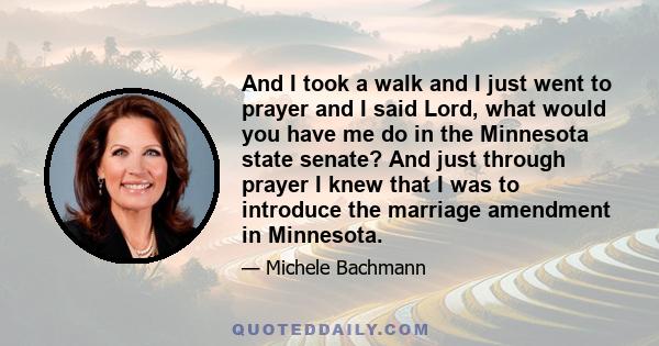 And I took a walk and I just went to prayer and I said Lord, what would you have me do in the Minnesota state senate? And just through prayer I knew that I was to introduce the marriage amendment in Minnesota.