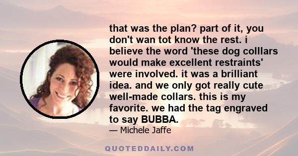 that was the plan? part of it, you don't wan tot know the rest. i believe the word 'these dog colllars would make excellent restraints' were involved. it was a brilliant idea. and we only got really cute well-made