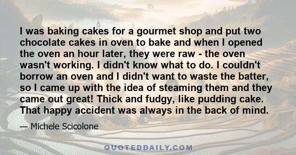 I was baking cakes for a gourmet shop and put two chocolate cakes in oven to bake and when I opened the oven an hour later, they were raw - the oven wasn't working. I didn't know what to do. I couldn't borrow an oven