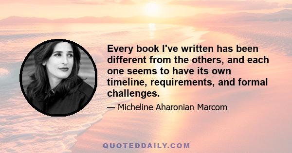 Every book I've written has been different from the others, and each one seems to have its own timeline, requirements, and formal challenges.