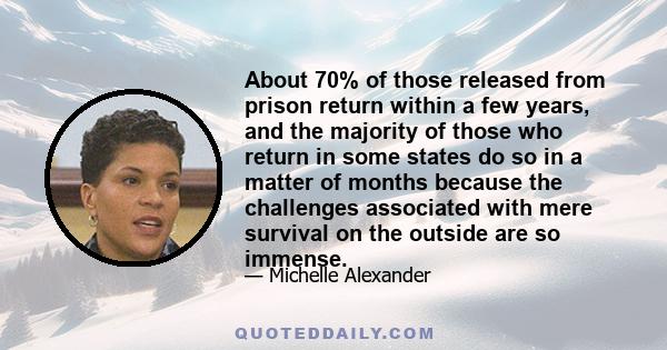 About 70% of those released from prison return within a few years, and the majority of those who return in some states do so in a matter of months because the challenges associated with mere survival on the outside are