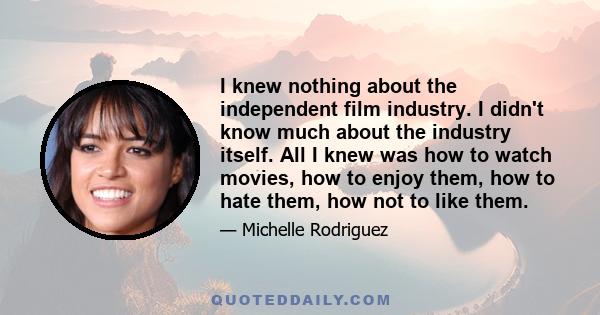 I knew nothing about the independent film industry. I didn't know much about the industry itself. All I knew was how to watch movies, how to enjoy them, how to hate them, how not to like them.