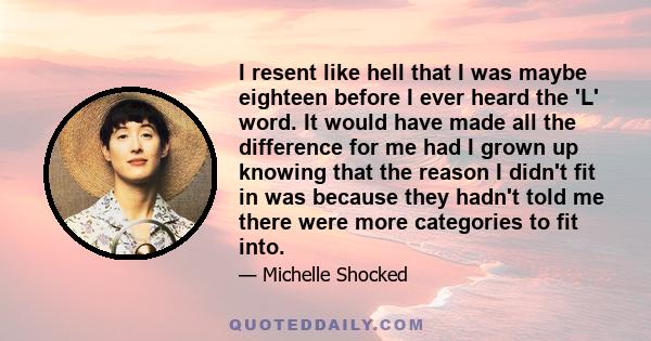 I resent like hell that I was maybe eighteen before I ever heard the 'L' word. It would have made all the difference for me had I grown up knowing that the reason I didn't fit in was because they hadn't told me there