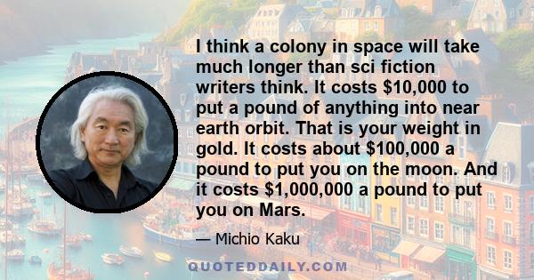 I think a colony in space will take much longer than sci fiction writers think. It costs $10,000 to put a pound of anything into near earth orbit. That is your weight in gold. It costs about $100,000 a pound to put you