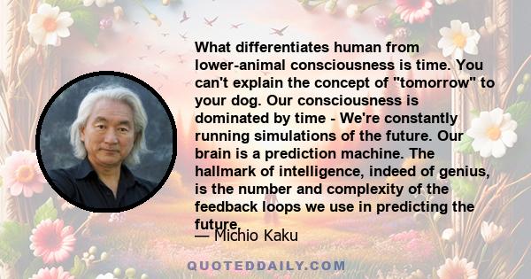 What differentiates human from lower-animal consciousness is time. You can't explain the concept of tomorrow to your dog. Our consciousness is dominated by time - We're constantly running simulations of the future. Our