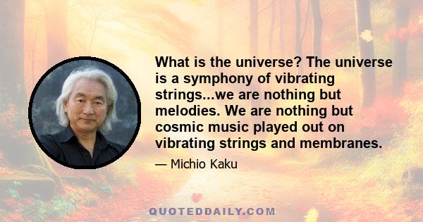 What is the universe? The universe is a symphony of vibrating strings...we are nothing but melodies. We are nothing but cosmic music played out on vibrating strings and membranes.