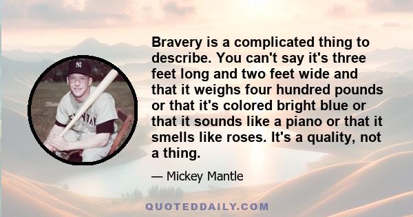 Bravery is a complicated thing to describe. You can't say it's three feet long and two feet wide and that it weighs four hundred pounds or that it's colored bright blue or that it sounds like a piano or that it smells