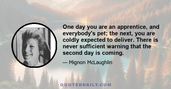 One day you are an apprentice, and everybody's pet; the next, you are coldly expected to deliver. There is never sufficient warning that the second day is coming.