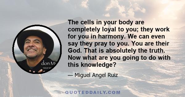 The cells in your body are completely loyal to you; they work for you in harmony. We can even say they pray to you. You are their God. That is absolutely the truth. Now what are you going to do with this knowledge?