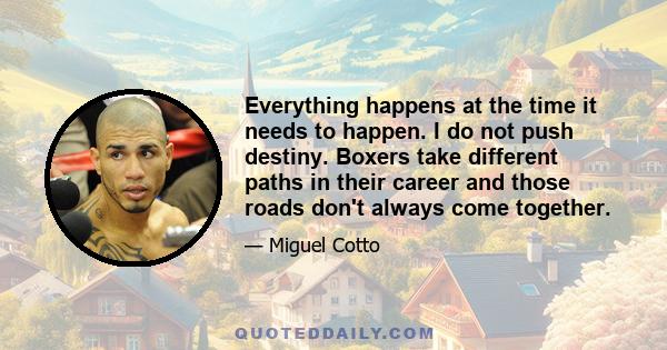 Everything happens at the time it needs to happen. I do not push destiny. Boxers take different paths in their career and those roads don't always come together.