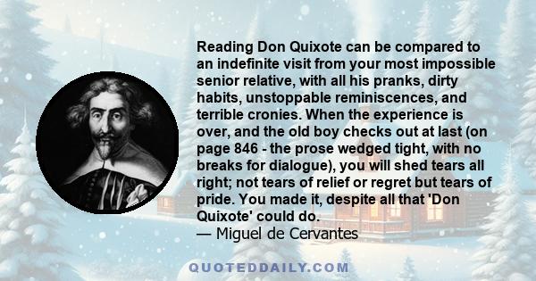 Reading Don Quixote can be compared to an indefinite visit from your most impossible senior relative, with all his pranks, dirty habits, unstoppable reminiscences, and terrible cronies. When the experience is over, and