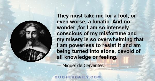 They must take me for a fool, or even worse, a lunatic. And no wonder ,for I am so intensely conscious of my misfortune and my misery is so overwhelming that I am powerless to resist it and am being turned into stone,