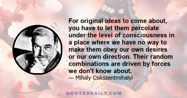 For original ideas to come about, you have to let them percolate under the level of consciousness in a place where we have no way to make them obey our own desires or our own direction. Their random combinations are