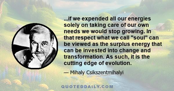 ...if we expended all our energies solely on taking care of our own needs we would stop growing. In that respect what we call soul can be viewed as the surplus energy that can be invested into change and transformation. 