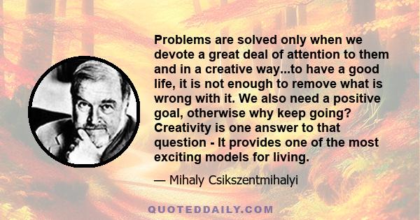 Problems are solved only when we devote a great deal of attention to them and in a creative way...to have a good life, it is not enough to remove what is wrong with it. We also need a positive goal, otherwise why keep