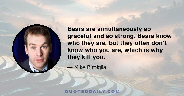 Bears are simultaneously so graceful and so strong. Bears know who they are, but they often don’t know who you are, which is why they kill you.