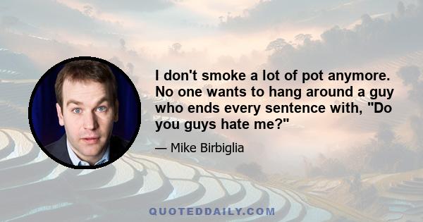 I don't smoke a lot of pot anymore. No one wants to hang around a guy who ends every sentence with, Do you guys hate me?