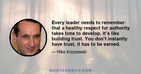 Every leader needs to remember that a healthy respect for authority takes time to develop. It’s like building trust. You don’t instantly have trust, it has to be earned.