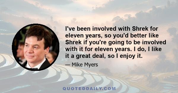 I've been involved with Shrek for eleven years, so you'd better like Shrek if you're going to be involved with it for eleven years. I do, I like it a great deal, so I enjoy it.