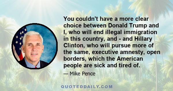 You couldn't have a more clear choice between Donald Trump and I, who will end illegal immigration in this country, and - and Hillary Clinton, who will pursue more of the same, executive amnesty, open borders, which the 