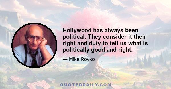 Hollywood has always been political. They consider it their right and duty to tell us what is politically good and right.