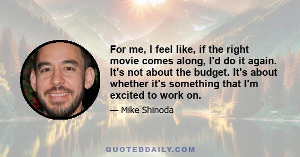 For me, I feel like, if the right movie comes along, I'd do it again. It's not about the budget. It's about whether it's something that I'm excited to work on.