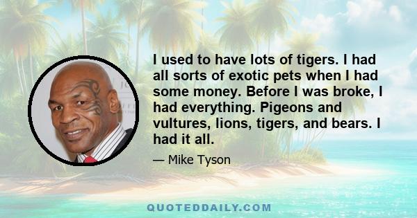 I used to have lots of tigers. I had all sorts of exotic pets when I had some money. Before I was broke, I had everything. Pigeons and vultures, lions, tigers, and bears. I had it all.