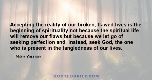 Accepting the reality of our broken, flawed lives is the beginning of spirituality not because the spiritual life will remove our flaws but because we let go of seeking perfection and, instead, seek God, the one who is