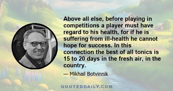 Above all else, before playing in competitions a player must have regard to his health, for if he is suffering from ill-health he cannot hope for success. In this connection the best of all tonics is 15 to 20 days in