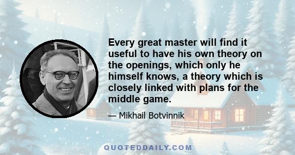 Every great master will find it useful to have his own theory on the openings, which only he himself knows, a theory which is closely linked with plans for the middle game.