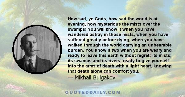 How sad, ye Gods, how sad the world is at evening, how mysterious the mists over the swamps! You will know it when you have wandered astray in those mists, when you have suffered greatly before dying, when you have