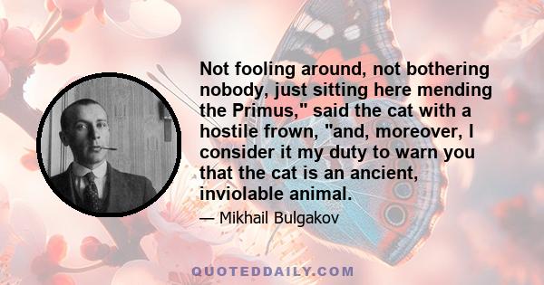 Not fooling around, not bothering nobody, just sitting here mending the Primus, said the cat with a hostile frown, and, moreover, I consider it my duty to warn you that the cat is an ancient, inviolable animal.