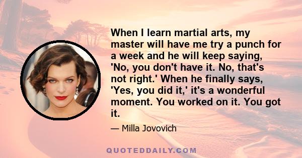 When I learn martial arts, my master will have me try a punch for a week and he will keep saying, 'No, you don't have it. No, that's not right.' When he finally says, 'Yes, you did it,' it's a wonderful moment. You