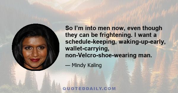 So I’m into men now, even though they can be frightening. I want a schedule-keeping, waking-up-early, wallet-carrying, non-Velcro-shoe-wearing man.