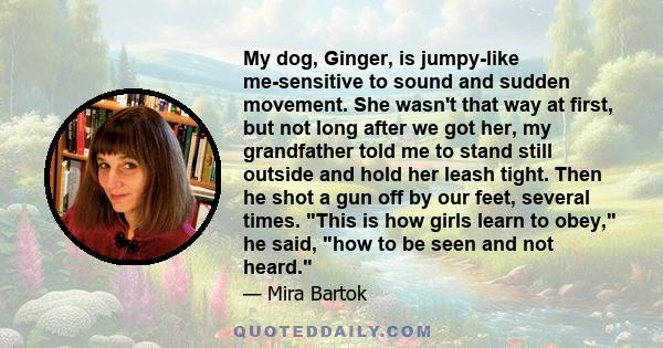 My dog, Ginger, is jumpy-like me-sensitive to sound and sudden movement. She wasn't that way at first, but not long after we got her, my grandfather told me to stand still outside and hold her leash tight. Then he shot