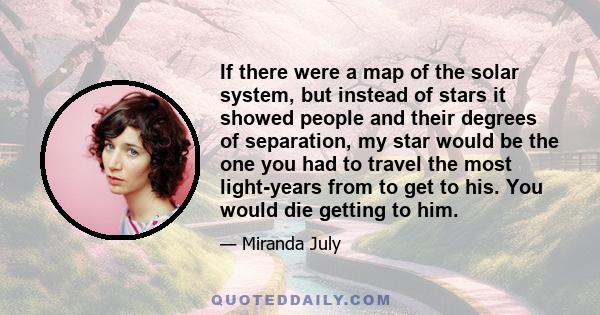 If there were a map of the solar system, but instead of stars it showed people and their degrees of separation, my star would be the one you had to travel the most light-years from to get to his. You would die getting
