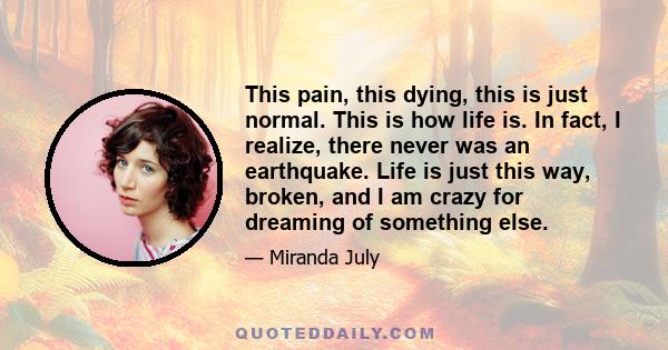 This pain, this dying, this is just normal. This is how life is. In fact, I realize, there never was an earthquake. Life is just this way, broken, and I am crazy for dreaming of something else.