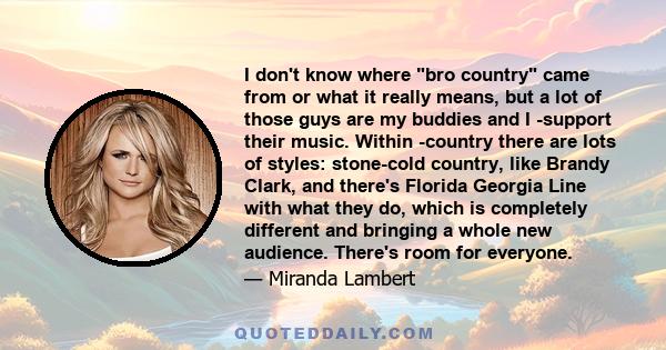 I don't know where bro country came from or what it really means, but a lot of those guys are my buddies and I ­support their music. Within ­country there are lots of styles: stone-cold country, like Brandy Clark, and